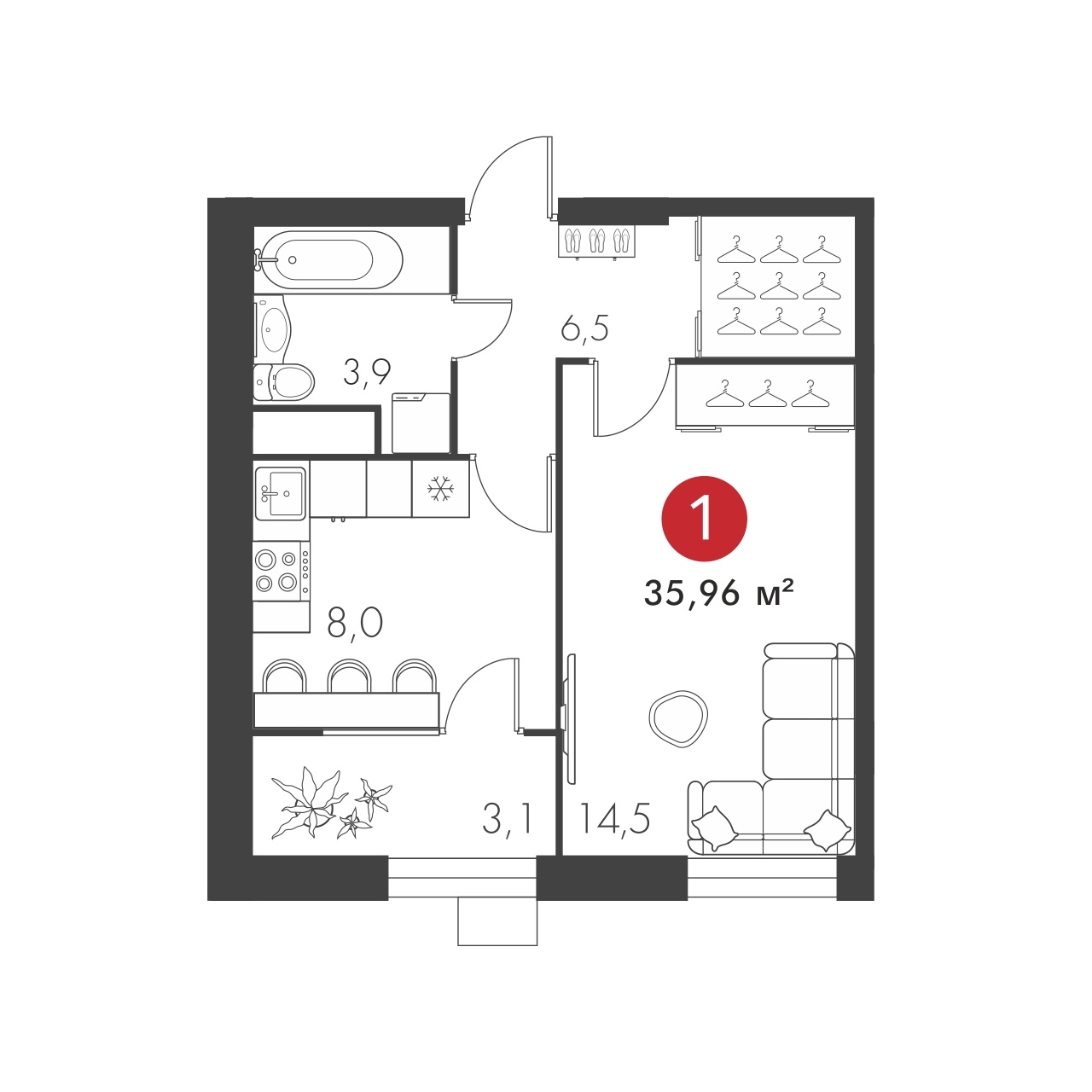 Однокомнатная №202