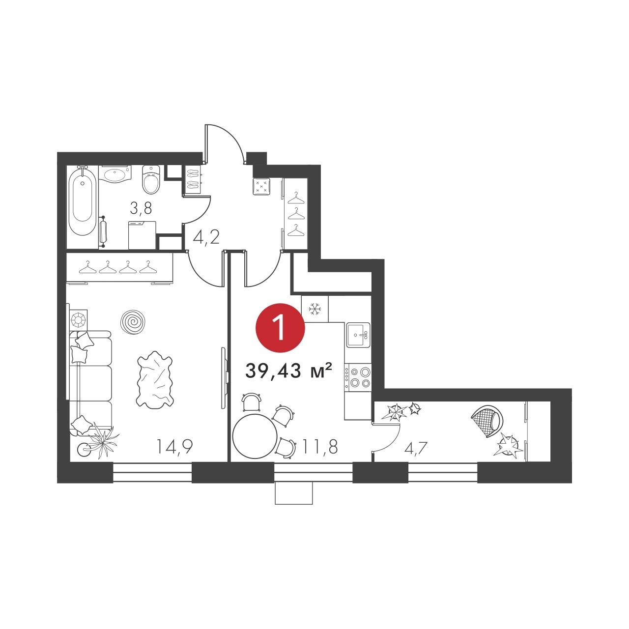 Однокомнатная №232