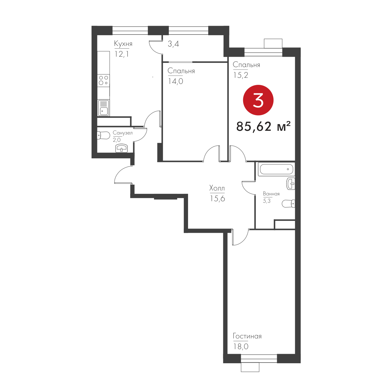 Трехкомнатная №208