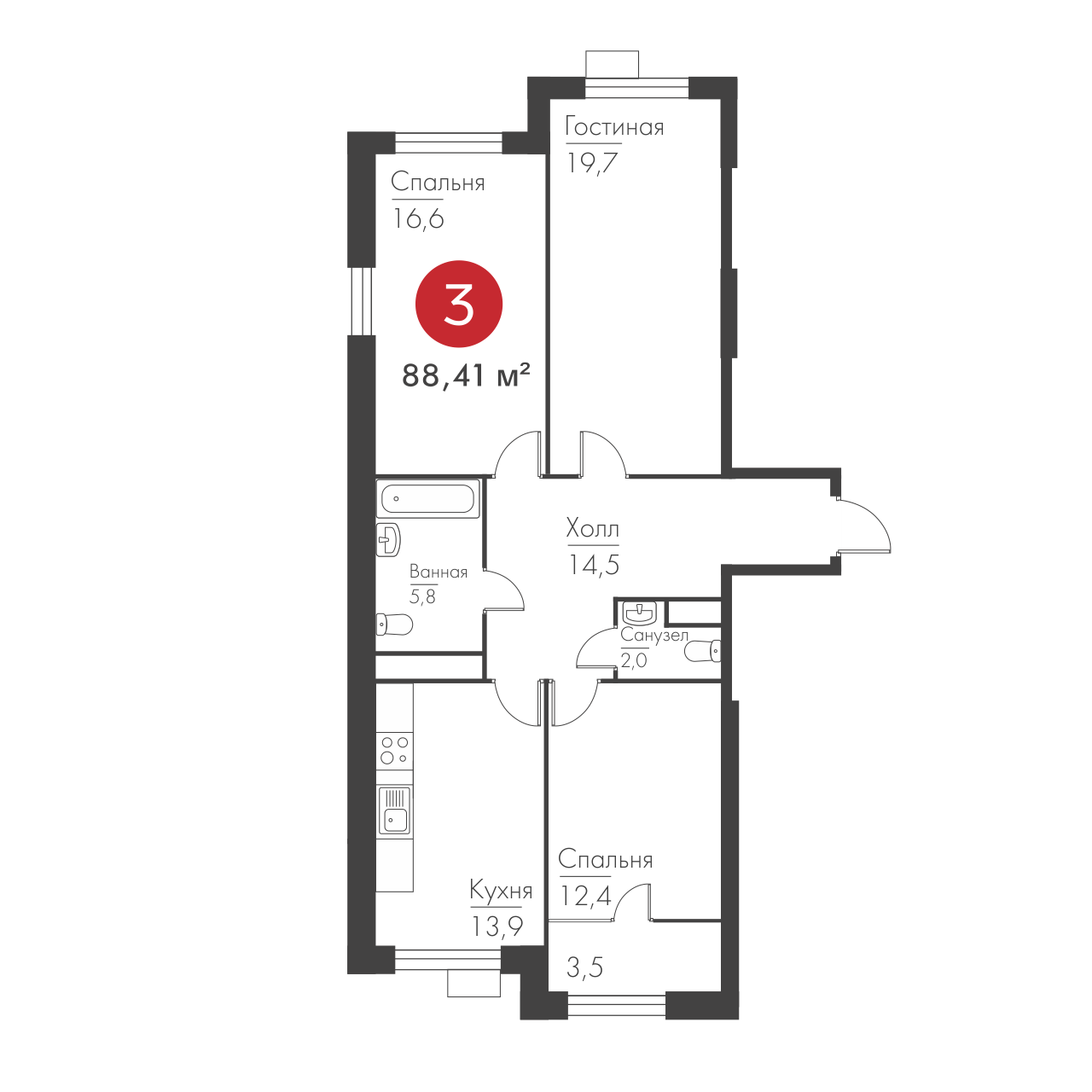 Трехкомнатная №16